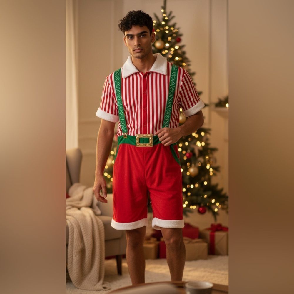 NWT. Blizzard. Bay Men’s Short Sleeve Festive  Suspender Santa Red Romper Size M